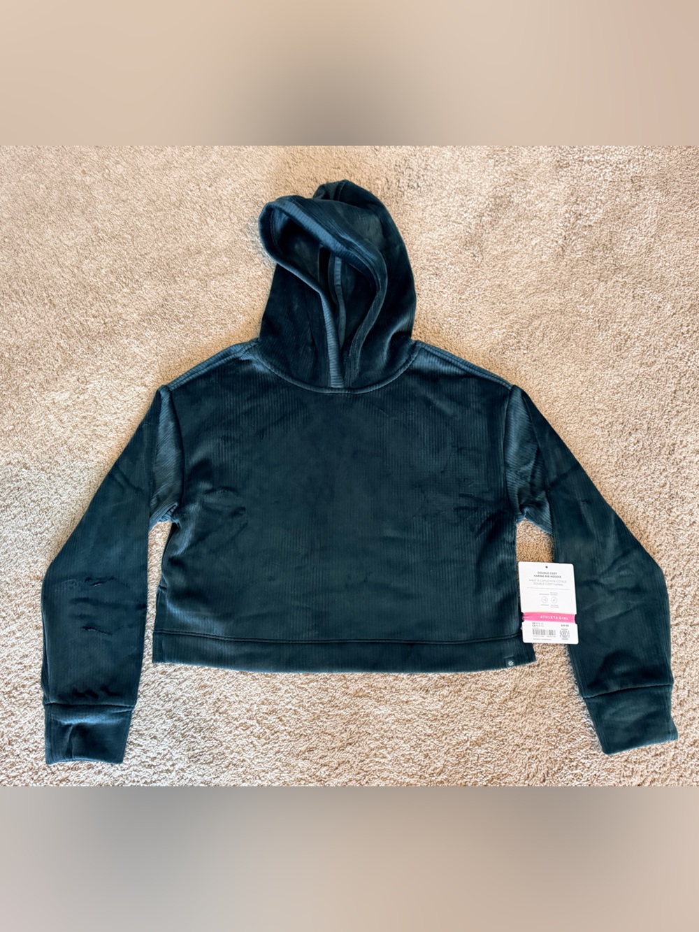 Athleta Girls Dark Emerald Green Velour Ribbed Hooded Sweatshirt